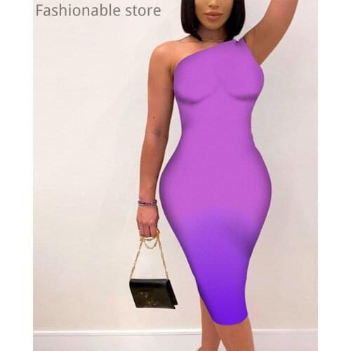 Women Sexy One Shoulder Skinny Bodycon Midi Dress