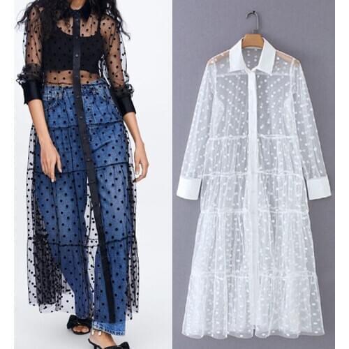 Stylish Sexy Mesh Women Long Sleeve Midi Shirt Dress Patchwork Dot Transparent Chic Female Dresses