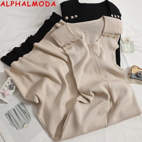 ALPHALMODA Pullovers Sleeveless Mid-calf Knit Dress Solid Color Button Details Women Slim Elegant Knitting Tank Dress