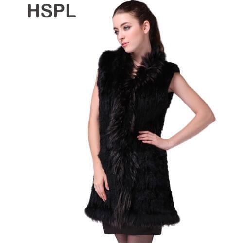 CDV163 2014 Hot Sale Middle-Length Knitted Genunie Rabbit Fur Waistcoat With Raccoon Fur Trimming
