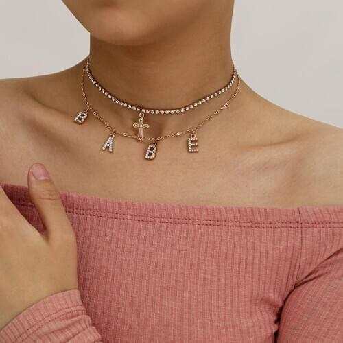 2Pcs/Set Rhinestone Shiny Chokers Necklaces for Girl Sexy Punk Letter BABE PRINCESS Night Entertainment Venue Statement Necklace