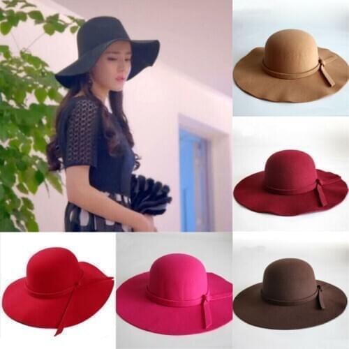 2019 New Fes Hot Sun Vintage Womens Floppy Bowknot Cloche Cap Wide Brim Wool Felt Bowler Fe Ladies Holiday Outdoor Hat
