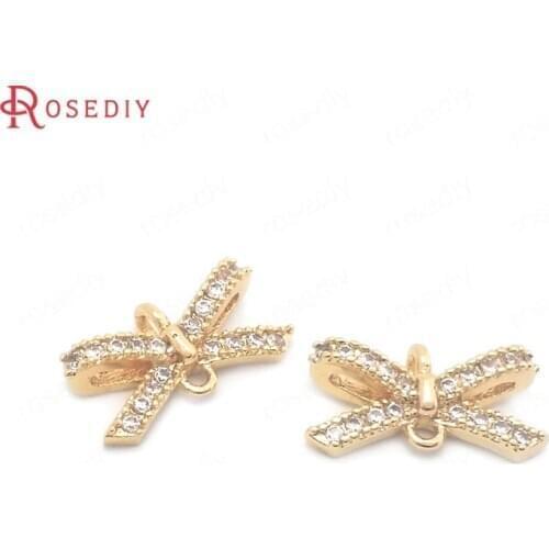 38449)4PCS 6x12.5MM 24K Gold Color Brass and Zircon 2 Holes Bow Connector Charms Pendants High Quality Jewelry Making Supplies