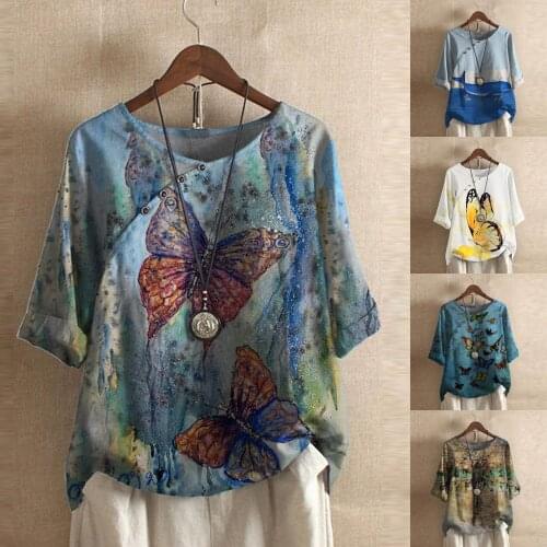 7 / 3 Sleeve T-Shirt Large Size loose casual retro ethnic round neck button stitching womens top 2021 summer new топик женский