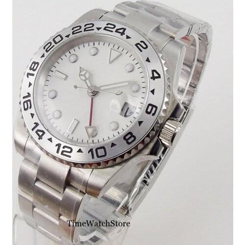 Bliger 40mm Mens Watch GMT Function 3804 Automatic Movement White Dial Alloy Bezel Insert Sapphire Glass Date Window Luminous