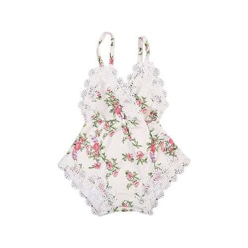Newborn Kids Baby Girls Clothes Floral Back Cross Romper Outfits Lace V-Neck Jumpsuit Romper Playsuit