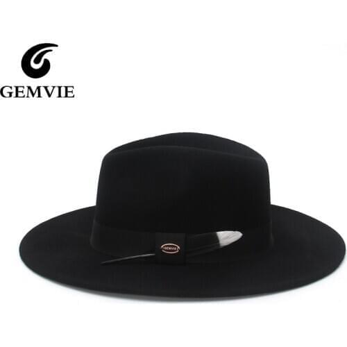GEMVIE New Wool Felt Stiff Wide Brim Fedora For Man Striped Feather Band Autumn Winter Panama Jazz Cap For Women