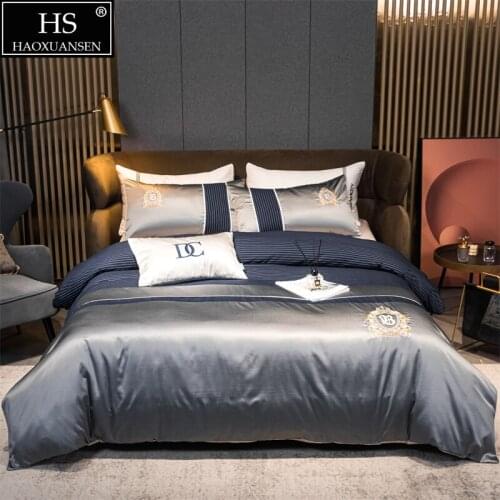 Business Style Bedding Sets Embroidery Quiet Silver Grey Stripes Design Duvet Cover Bedsheet/Fitted Sheet Bed Covers Pillowcase