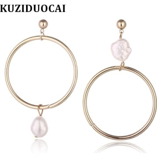 Kuziduocai New Fashion Fine Jewelry Will Not Fade Steel Ear Pin Natural Irregular Pearl Circle Stud Earrings For Women E-1354