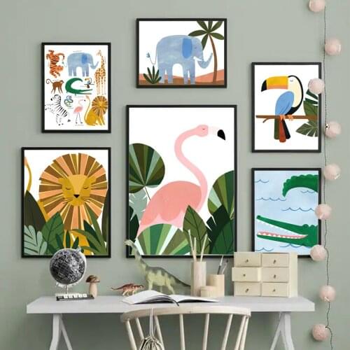 Lion Flamingo Elephant Toucan Leaf Tiger Animal Wall Art Canvas Painting Nordic Posters And Prints Wall Pictures Kids Room Decor
