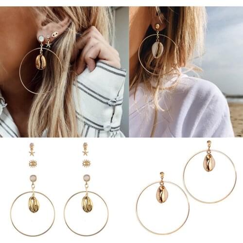 Boho Gold Color Turkish Eye Starfish Shell Earrings Set Exaggerated Big Circle Cowrie Seashell Drop Statement Earrings for Women