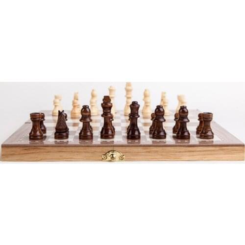 Folding Wooden Chess Set Travel Game Toys Chess Backgammon Checkers 30x30cm