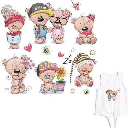 Cute Cartoon Bear Iron On Transfer For Clothing Stickers Stripe Print stickers On clothing Patch For Children Clothes Badges DIY