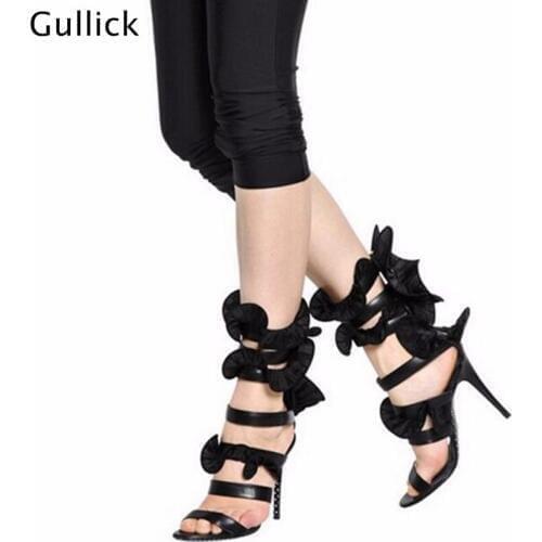 Newest Fashion Yellow Black Ruffles Sandal Woman Sexy Black Lace Pleated Ankle Sandal Boots Thin Heel Stiletto Party Shoes