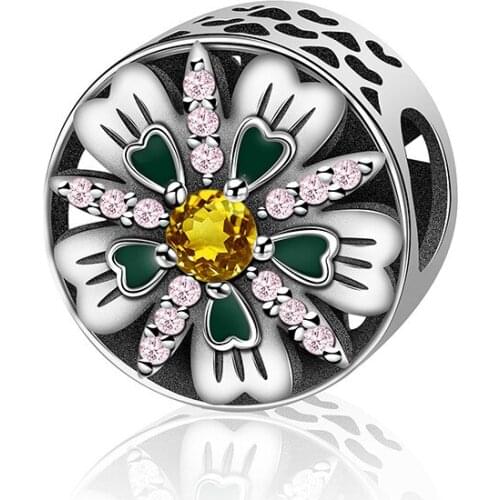NEW 100% 925 Sterling Silver Bead Colorful Implied Fresh Zircon Geometric Flowers Pentagram Leaves Charm Gift 2101-2120