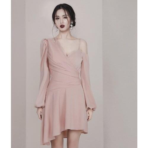 Autumn 2019 New Fashion Womens Sexy Off Shoulder Solid Pink Party Dress Long Sleeve Medium Length V Neck Sheath Dress Women