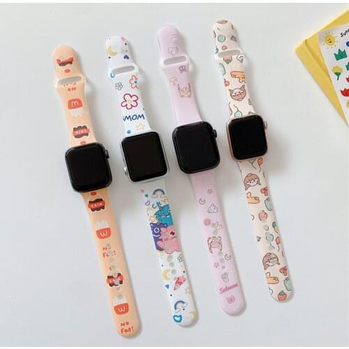 Cartoon Silicone Strap for Apple Watch 44mm 40mm 38mm 42mm Cute Printed Watchband Bracelet for IWatch Series SE 6 5 4 3 2 1 Belt