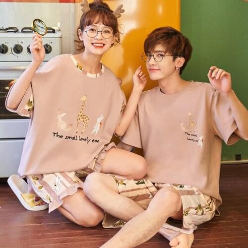 Plus Size Couple Pajamas Set Pink Cotton Kawaii Women Ruffle Sleepwear Cartoon Short Sleeve Men Homewear Two-piece Suit Pajamas