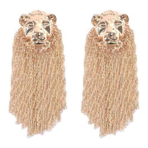 Classic Lion Head Long Tassel Drop Earrings Women Gold Metal Chain Za Earrings Ear Jewelry Female Ethnic Punk Rock Dangle Earing