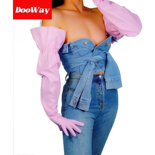 DooWay Super Long Women Gloves Faux Leather Elastic Cuff Oversize Large Sleeve 28inches Pink