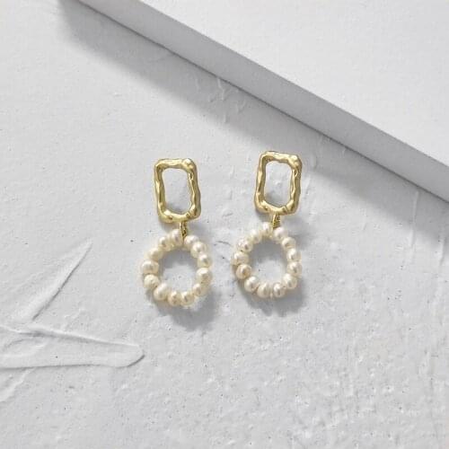 VSnow Textured Beaded Natural Freshwater Pearl Drop Earrings for Women Girls Stylish Irregular Geometric Hollow Earrings Jewelry
