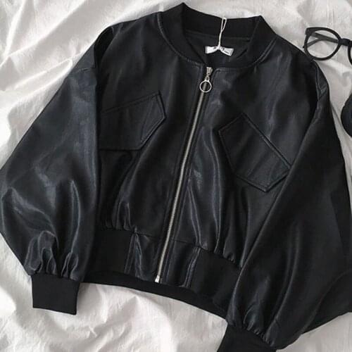 Black Faux Leather Cropped Jacket Women Autumn Vintage Elegant Coats Ladies PU Harajuku Punk Style Thin Fashion Overcoat 2021