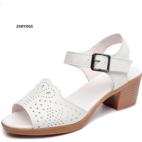 2020 New Fish Mouth Hollow Soft Cowhide Leather Sandals Summer Shoes Woman Sandals Soft Sale Comfort Non-slip High Heel Sandals