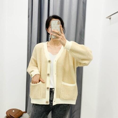 2021 Fall Womens New Bright Silk Diamond V-neck Double Pocket Long Sleeve Loose Oversize Thin Cardigan Sweater