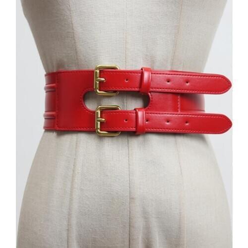 Womens runway fashion pu leather double buckle Cummerbunds female Dress Corsets Waistband Belts decoration wide belt R3074