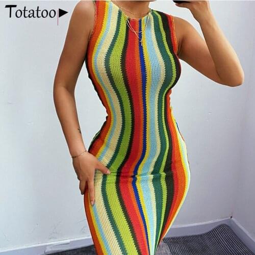 Totatoop Colorful Striped Knitted Bodycon Midi Dress For Women 2021 Summer O Neck Sleeveless Skinny Dress Clubwear Vestidos