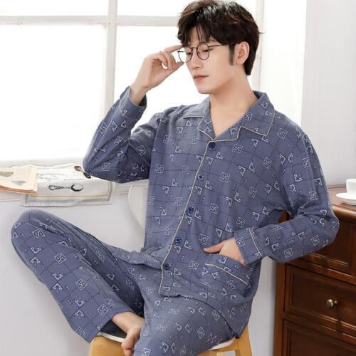 Autumn Cotton Pijama for Men 2 Pieces Lounge Sleepwear Pyjamas Plaid Spring Bedgown Home Clothes Man PJs Pure Cotton Pajamas Set
