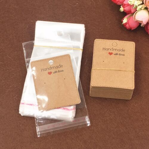 200pcs Kraft Earring Cards+200pcs OPP Bags Paper Jewelry Cards Brown Handmade Earring Displays Cards Fashion Love Gift Earcard