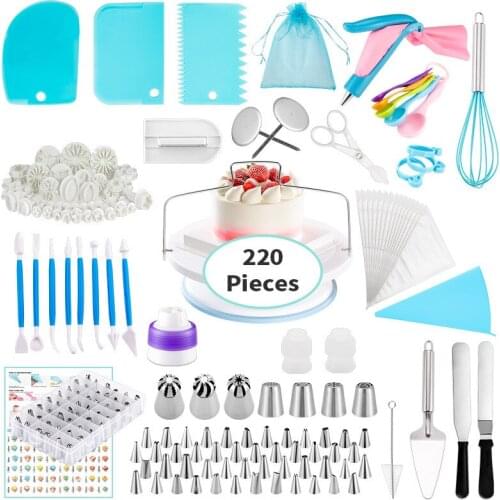 220pcs Cake Turntable Cake Decorating Tools Kit Rotary Table Baking Tool Piping Nozzle Piping Bag Set Baking Supplies Sets