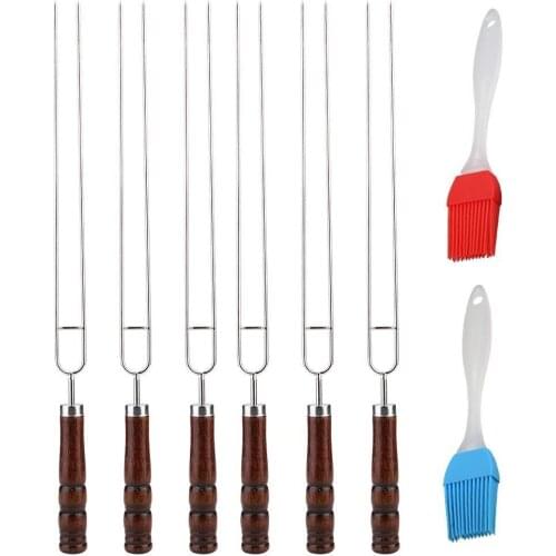 6Pcs Stainless Steel U-shaped Barbecue Fork Skewers with 2pcs Baking Oil BBQ Brush Kitchen Gadgets for BBQ