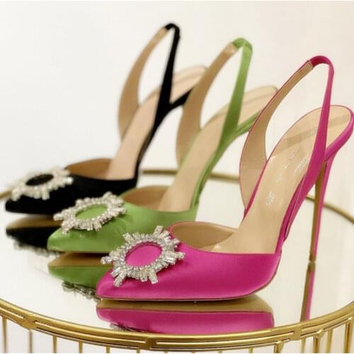 Summer New Style Fashion Womens Shoes Black Satin Crystal Strass Pointy Toe Stiletto Stripper Slingback High Heels Sandals