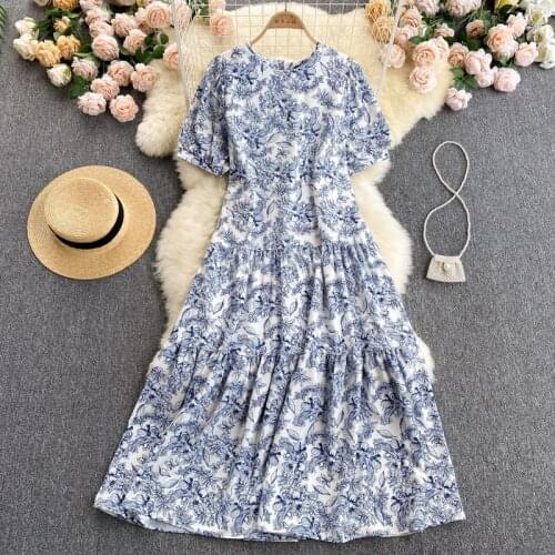Croysier Dresses For Women 2021 Vintage Blue And White Print Midi Dress Elegant Round Neck Puff Sleeve Tiered Loose Summer Dress