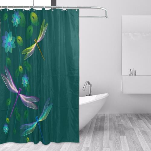 Decor Shower Curtain Dragonfly Flower Pattern Print 100% Polyester Fabric Bath Curtains for Home Bathroom Decorative Curtain