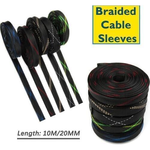 Length 10M 20mm High Density Sheathing Insulation Wire Cable Sleeving Protecting PET Nylon Braided Cable Sleeve