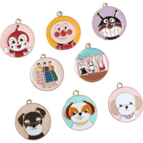 Kawaii Enamel Alloy Charms 10pcs 24*28mm Gold Tone Plated Colorful Enamel Alloy Cute Animal Dog Round Jewelry Earring Pendants
