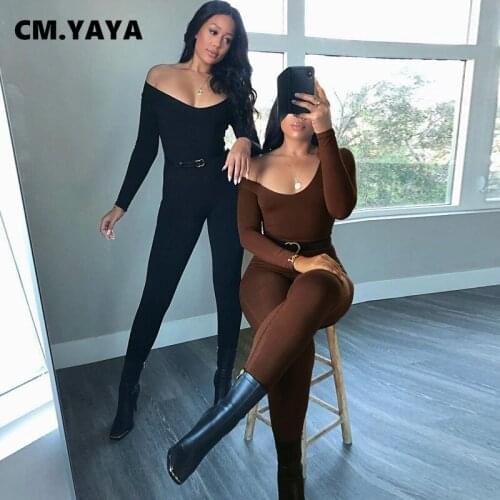 CM.YAYA Autumn Off Shoulder Womens Boddycon Pencil Jumpsuit Sexy Club Party One Piece Overall Rompers Outfit