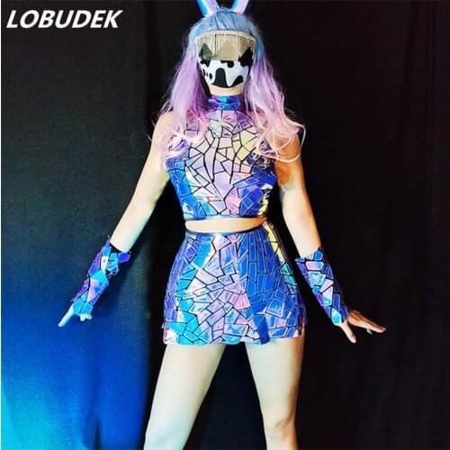 Mirror Costume Purple Blue Laser Tops Skirt Outfit Women DJ Jazz Dance Performance Clothes Nightclub Bar Dancer Sexy Stage Wear