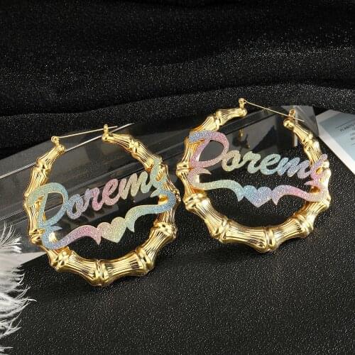 Colorful Name Earrings Customized Rainbow Name Earrings Custom Hoop Bamboo Personality Nameplate Earrings Women Bamboo Earrings