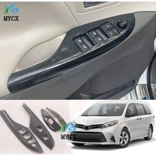 Car Door Armrest Panel Cover Interior Window Glass Lift Switch Button Trims For Toyota Sienna 2015- 2020 ABS Carbon Accessories