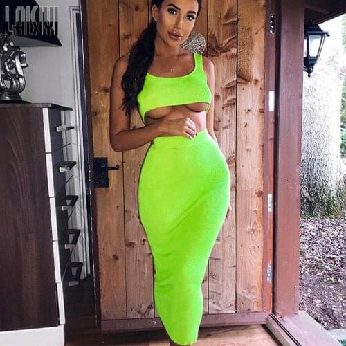 LAISIYI Neon Ribbed Knitted Women Two piece Matching Co Ord Set Crop Top Midi Skirt Sexy Festival Party 2020 Spring Clothing New