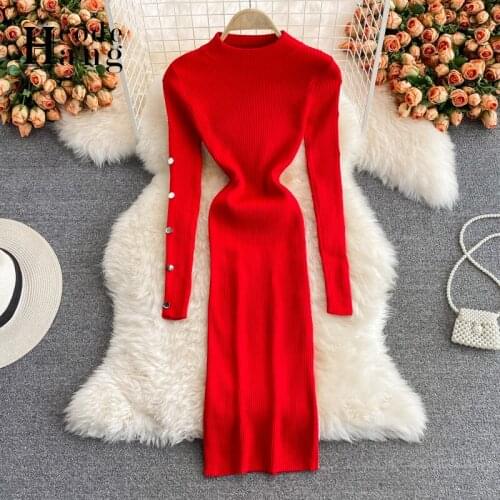 HangCode Autumn Knitted Bodycon Dress Women Buttons Long Sleeve Slim Stretch Knee-length Dress Winter Ribbed Knit Sweater Dress