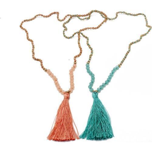ZWPON Faceted Glass Beaded Long Chain Silk Tassel Necklace for Women Fashion New Knit Natural Stone Beads Necklace Wholesale