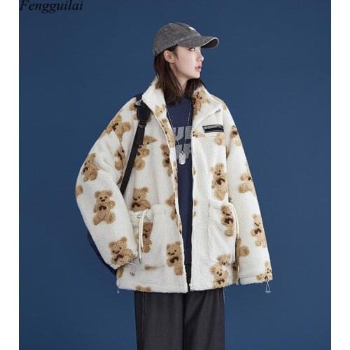 Hip Hop Parka Jacket Women Streetwear Retro Vintage Bear Lambswool Bomber Jacket Coats Winter Harajuku Warm Outwear