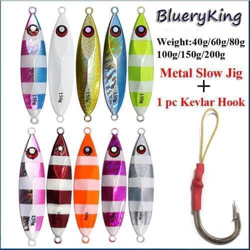 BlueKim 40g/60g/80g/100g/150g/200g VIB Fishing Slow Metal Jig Fishing Lead Lures Metal Jigging Hard Bait Kevlar Line Fish Hooks