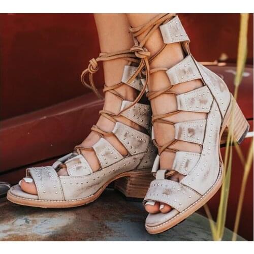 Retro leather summer shoes woman 2021 gladiator studded wood chunky low heel sandals lace up open toe boho sandalias mujer