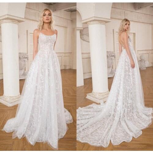 New Wedding Dresses Spaghetti Straps Lace Appliques A Line Bridal Gowns Custom Made Sexy Open Back Sweep Train Wedding Dress